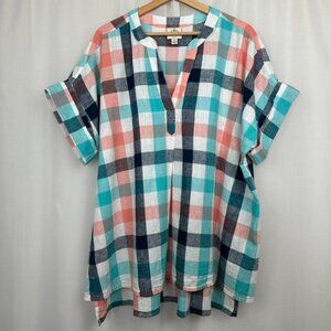 Oversized Plaid Linen Tunic Top Womens Size 1X Coastal Beachy Colorful Boxy